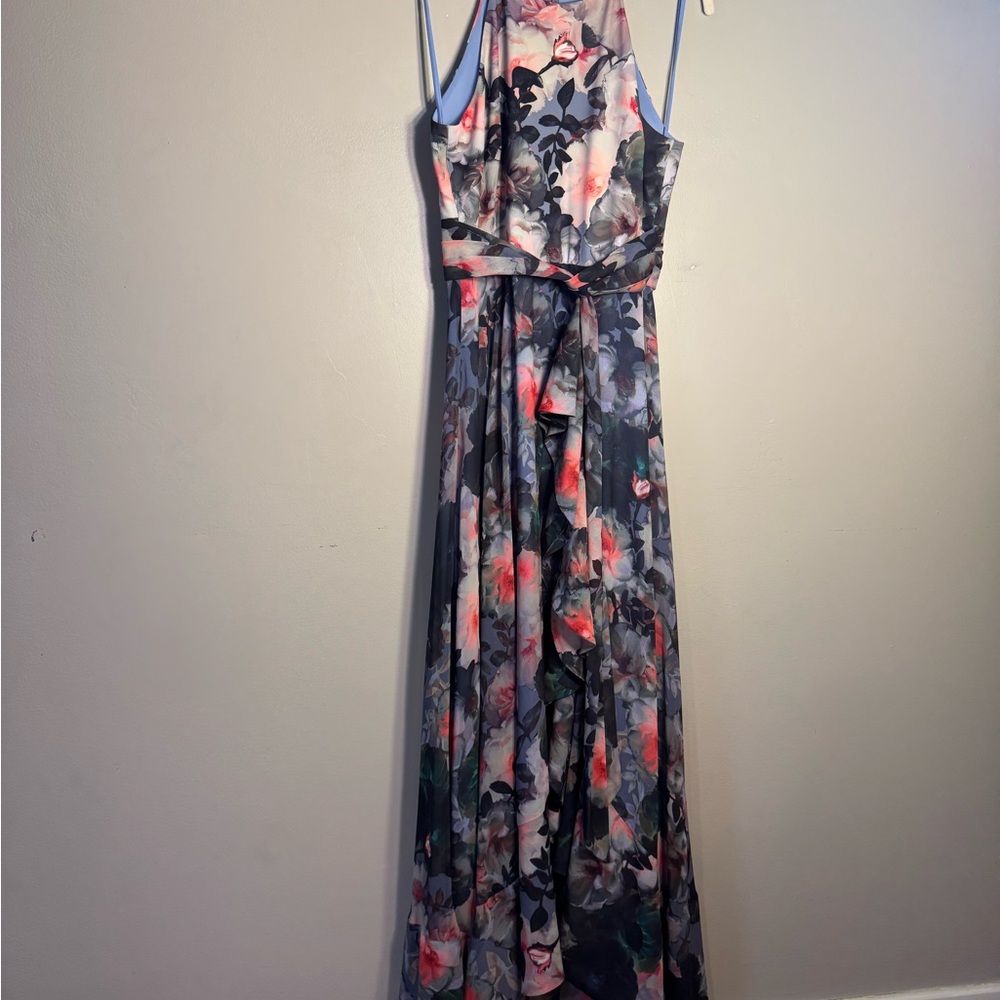 Badgley Mischka Floral Halter Maxi Dress in Gray with Coral Accents